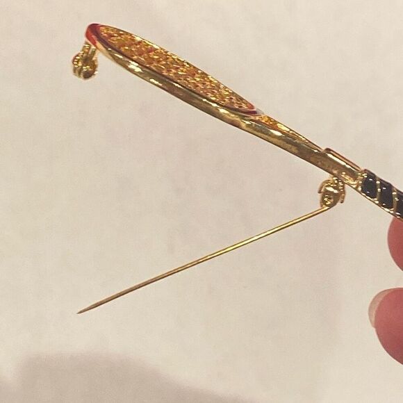 Tennis Racquet Brooch Pin Black and Gold Tone - Picture 5 of 6